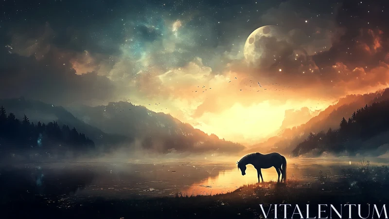 Solitary horse stands at misted lake beneath glowing moon