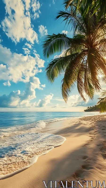 Soft waves kiss a sunlit tropical shore under calm skies