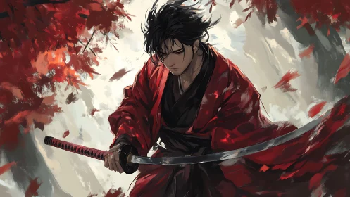 Quiet samurai in crimson robes among falling autumn leaves.