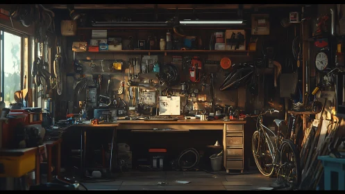 Busy bicycle repair workshop bench with tools and parts.