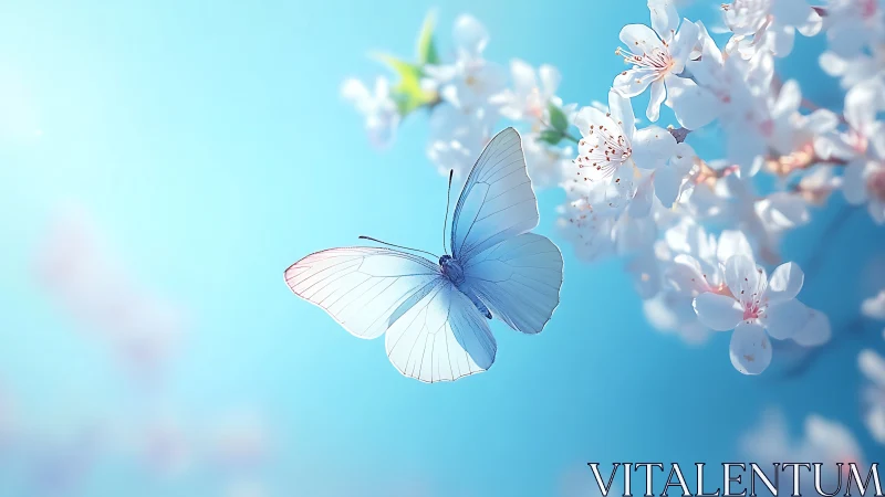 Blue butterfly in flight near pale blossoms against sky.