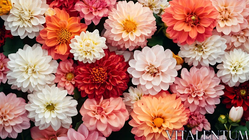 Colorful Dahlia Flowers in Full Bloom Against Dark Background.
