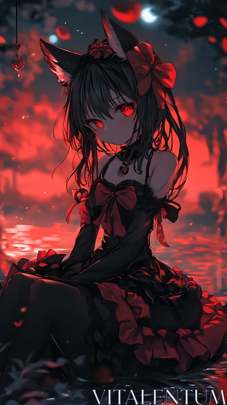 Blood-red moonlit fox girl in gothic frills by water.