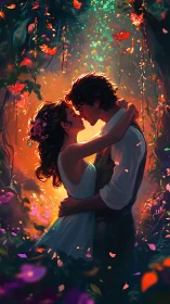 Romantic couple silhouetted against luminous floral backdrop with dynamic particle effects