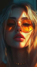 Close-up portrait of woman in orange tinted round sunglasses