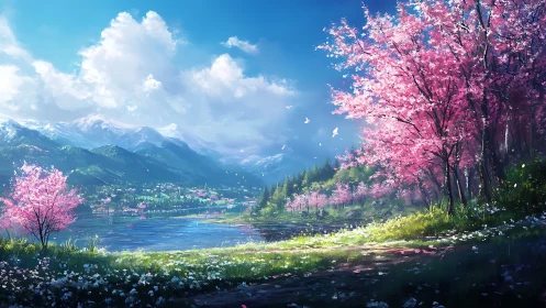 Cherry blossom lake landscape under bright spring sky.
