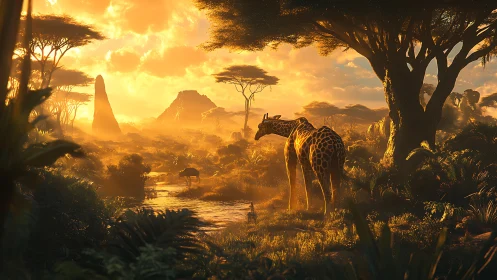 Golden-hour giraffes wander through a tranquil African savanna