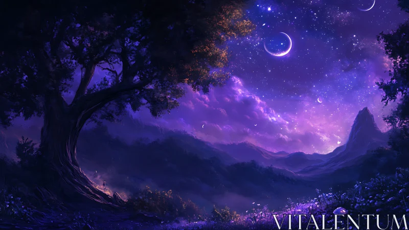 Enchanted violet valley rests beneath crescent moons