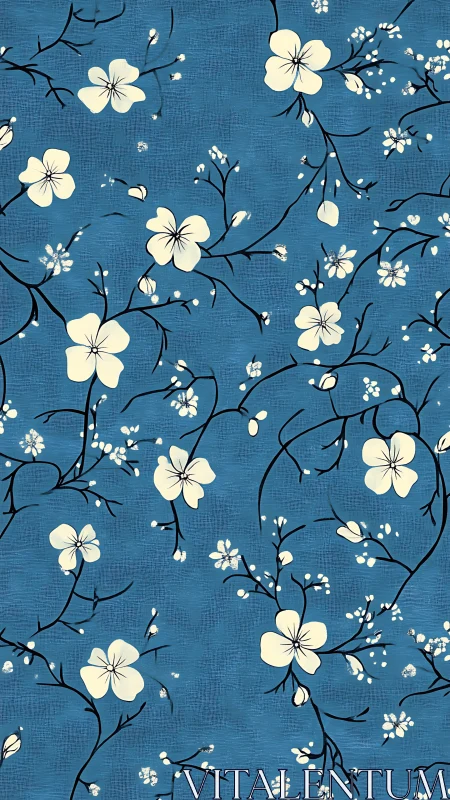 Floral Pattern with Cream Flowers on Deep Blue Background.