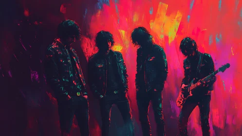 Neon-lit rock band silhouettes in electric magenta spectrum.