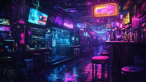 Neon drenched cyberpunk alley bar with glowing signage.