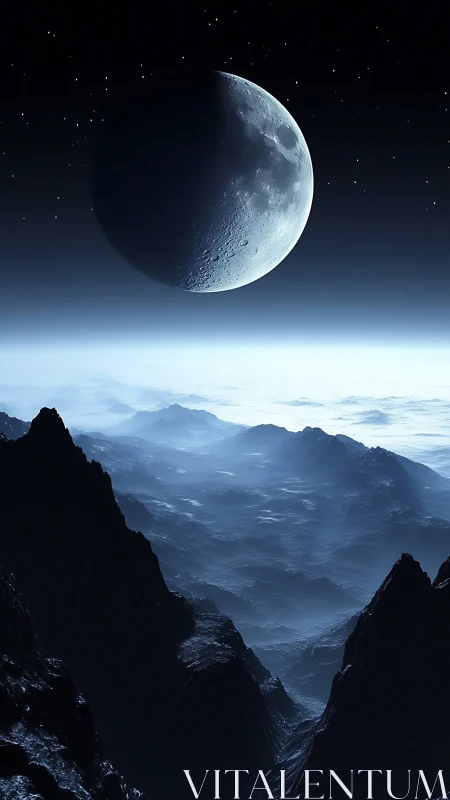 Crescent moon rises above layered, rocky alien terrain