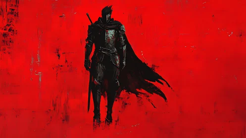 Lone dark swordsman stands against textured blood red field