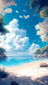 Coastal Landscape with Cumulus Formations Over Tropical Beach Composition.