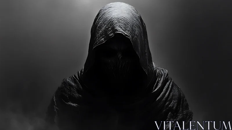 Grim hooded wraith emerging from soft industrial shadows.