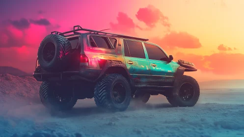 Lifted off-road SUV stands in neon sunset desert haze