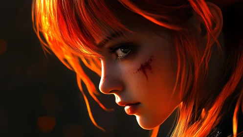 Scarred red-haired warrior gazes into burning evening light