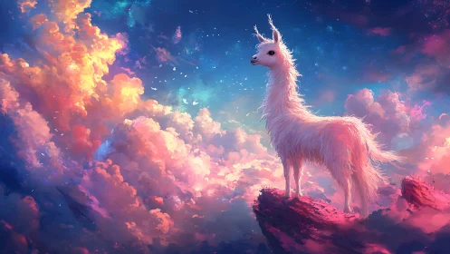 White llama stands on rocky outcrop against luminous clouds