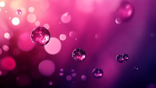 Pink liquid bubbles floating on soft bokeh background.