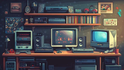 Retro computer workstation packed with vintage electronics.