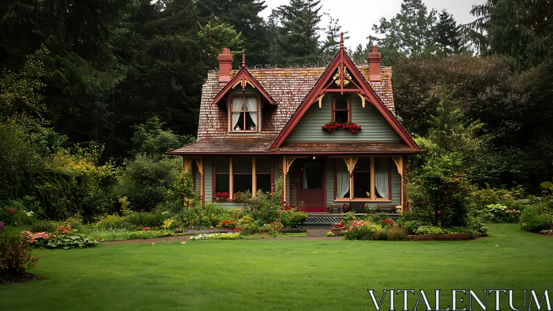 Charming cottage stands in lush garden clearing amid forest