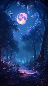 Luminous Full Moon Rising Through Enchanted Forest Canopy