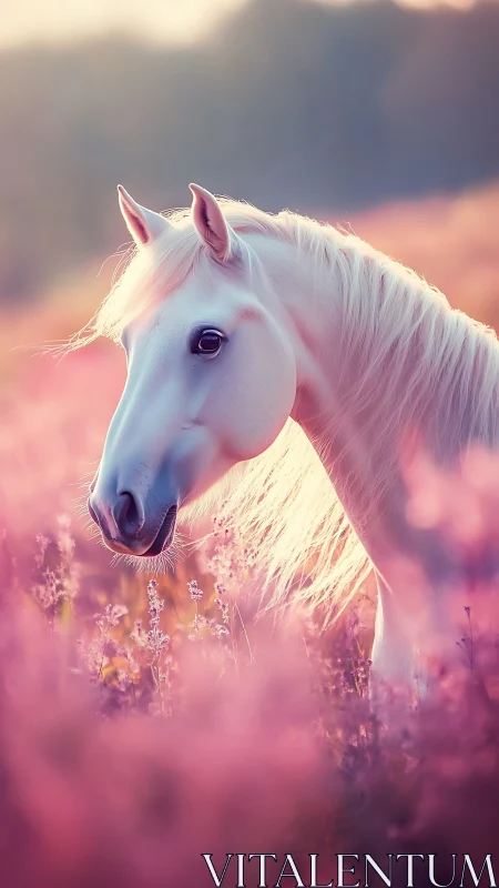 Gentle white horse glows softly amid dreamy pink meadow