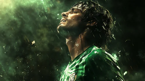 Rain-soaked footballer rendered with cinematic rim lighting and bokeh