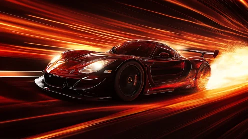 Red racing car on illuminated track with motion streaks.