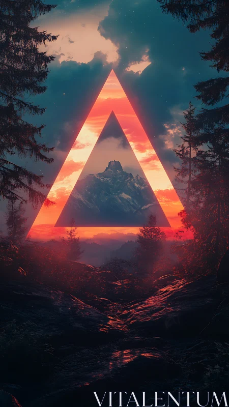 Triangular portal overlaying mountain landscape at dusk.