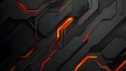 Futuristic black abstract geometric background with glowing orange lines.