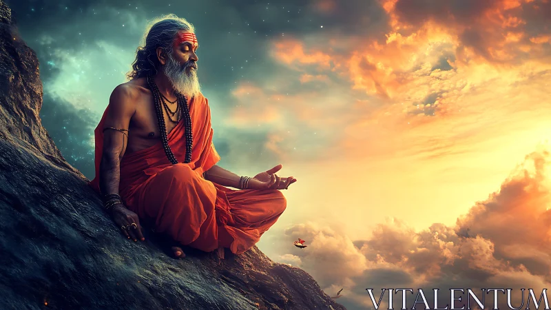 Elderly robed man seated on rocky slope at vivid sunset.