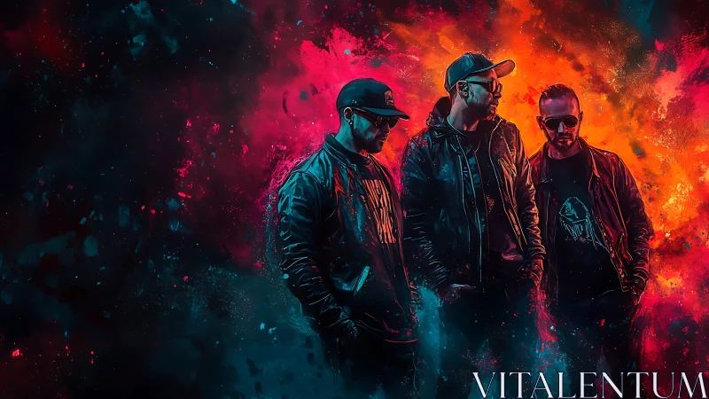 Triadic streetwear silhouettes in neon-saturated particle storm.