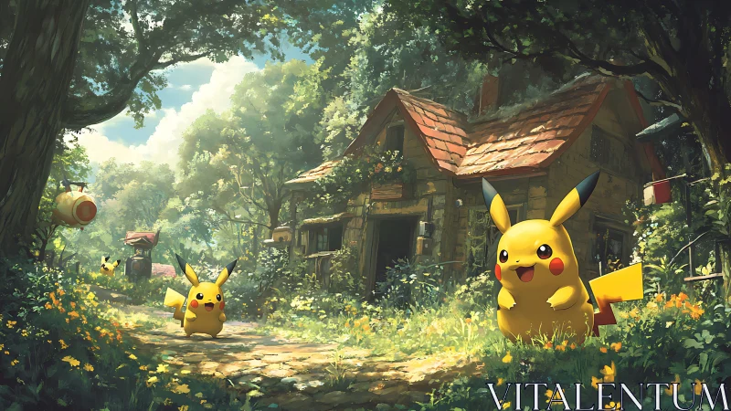 Pikachu friends wandering through a sunny forest cottage path.