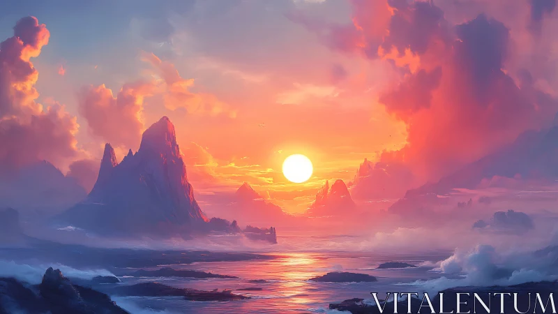 Radiant fantasy sunrise ignites misty ocean peaks in gold