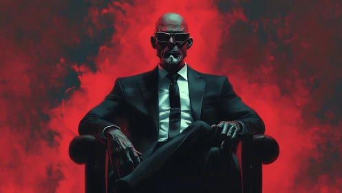 Sinister suited figure sits in a crimson cloud of power