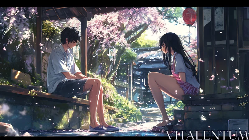 Two quiet teens share a fragile moment under cherry blossoms
