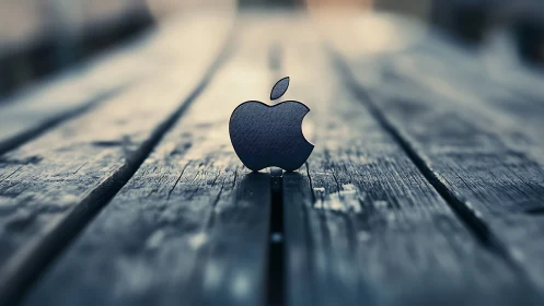 Sleek Apple Logo Rests on Rustic Wooden Planks.