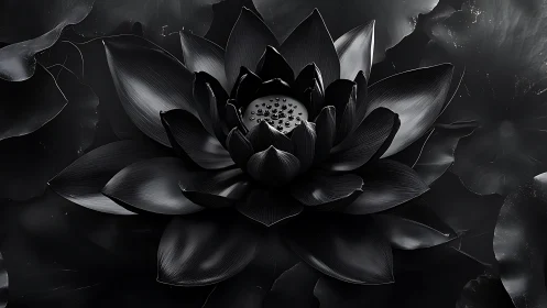 Black lotus flower sits centered with glossy detailed petals