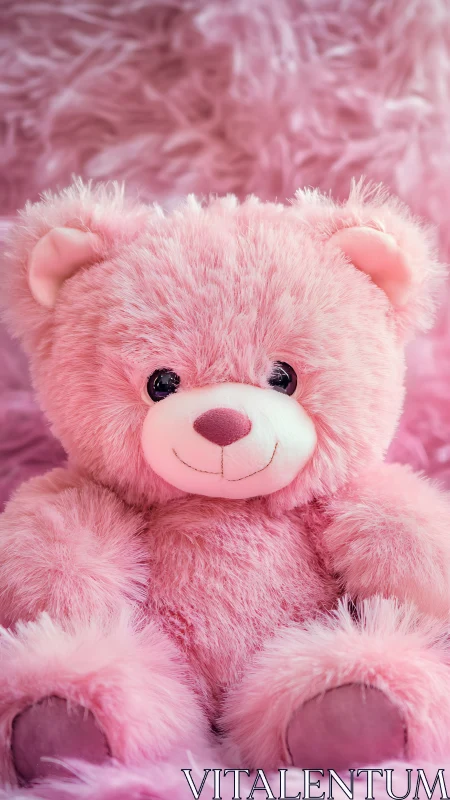 Pink plush teddy bear centered against soft textured backdrop
