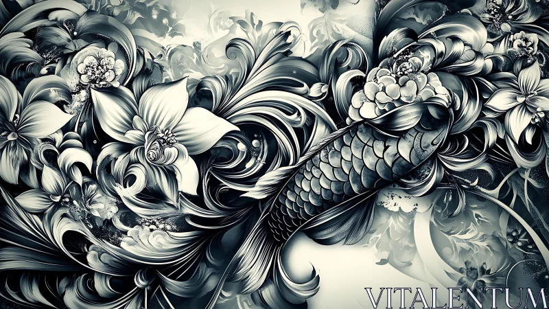 Monochrome koi interwoven with baroque floral turbulence and curls