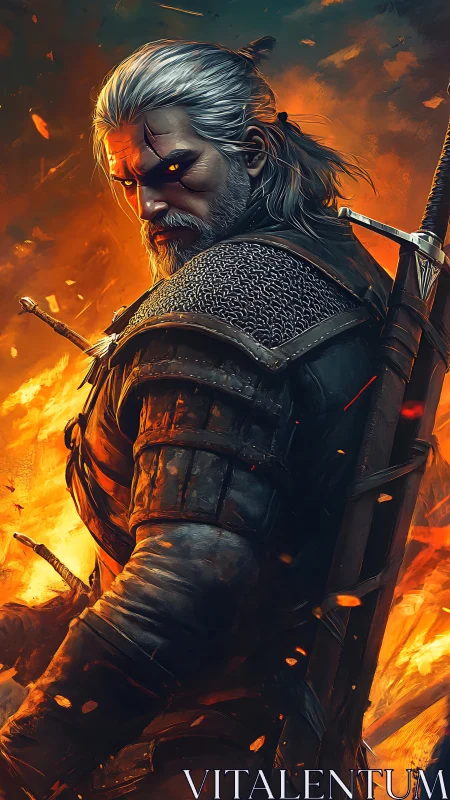 Silver‑haired monster hunter prowls a storm of molten embers.