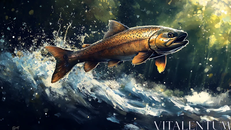 Leaping trout over whitewater rendered in dynamic digital brushwork.