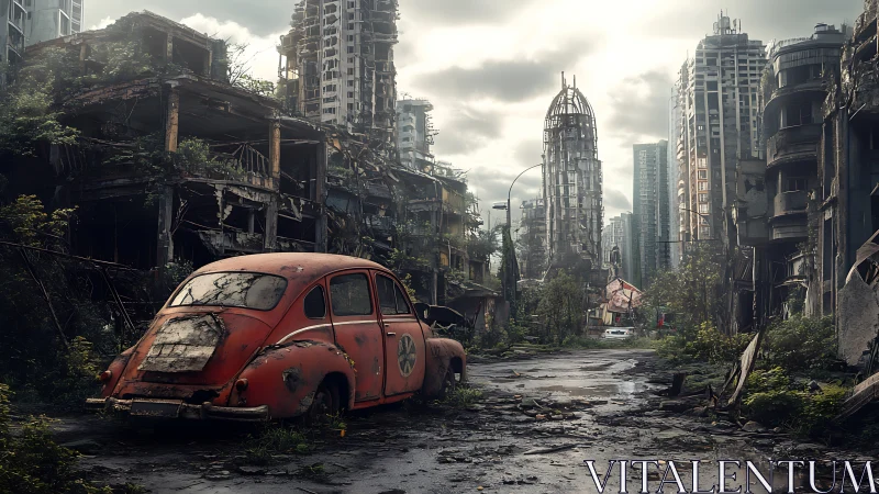 Rusting red car haunts overgrown postwar city ruins.