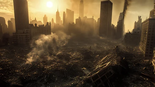 Sunlit devastation across a ruined highrise metropolis skyline.