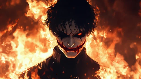 Smoldering villain stands amid roaring fire with eerie smile