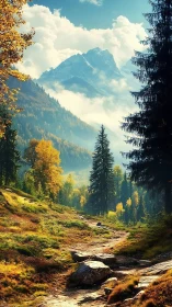 Gentle mountain trail winding through golden autumn forest.