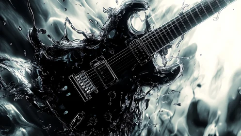 Electric guitar rendered in dynamic liquid metal splash scene