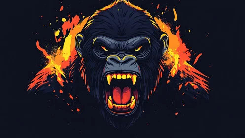 Blazing neon gorilla roar crowned in wildfire splashes.
