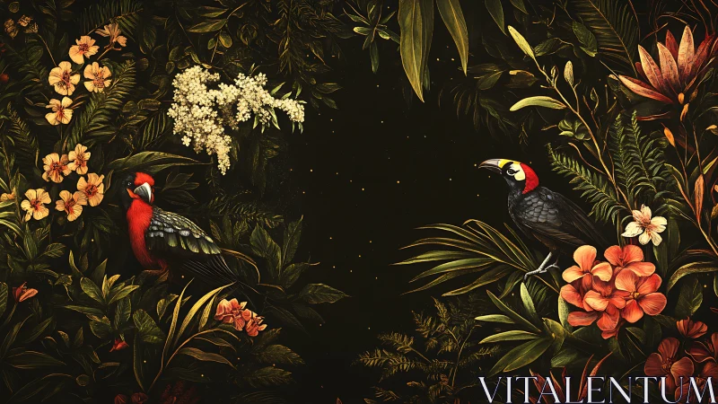 Tropical avian pair framed by dense nocturnal foliage